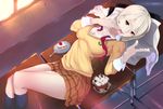  absurdres bad_id bad_pixiv_id breasts cake cleavage desk finger_licking food fork from_above fruit highres indoors kimjunho licking looking_at_viewer lying medium_breasts nakiri_alice on_back pocky red_eyes school_desk school_uniform shokugeki_no_souma short_hair silver_hair skirt slice_of_cake solo strawberry suggestive_fluid tongue tongue_out tootsuki_saryou_ryouri_gakuen_uniform wafer_stick window 
