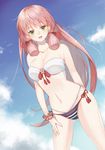  :d akashi_(kantai_collection) arm_behind_back ass_visible_through_thighs bare_shoulders bikini blush breasts cleavage cloud collarbone cowboy_shot day dutch_angle green_eyes hair_ribbon kantai_collection long_hair looking_at_viewer medium_breasts navel open_mouth ribbon scrunchie sidelocks sky smile solo swimsuit very_long_hair wrist_scrunchie you06 