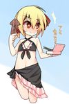  bikini black_bikini black_sarong blonde_hair blush criss-cross_halter eating food halter_top halterneck ikayaki red_eyes rumia sarong shamo_(koumakantv) short_hair squid star star-shaped_pupils swimsuit symbol-shaped_pupils touhou 