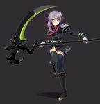  black_footwear black_legwear boots brown_eyes doyagao fire full_body gloves grey_background highres hiiragi_shinoa knee_boots leg_up long_hair military military_uniform okuba owari_no_seraph purple_hair ribbon scythe simple_background skirt smile solo standing standing_on_one_leg thighhighs uniform white_gloves zettai_ryouiki 