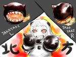  aura bad_id bad_pixiv_id boxing_gloves dress fire grey_background horns kantai_collection long_hair looking_at_viewer mittens northern_ocean_hime onboro_(clunker) open_mouth pale_skin red_eyes shinkaisei-kan sketch solo teeth translated white_dress white_hair white_skin 