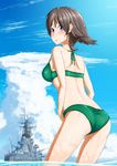  ass bikini blue_eyes brown_hair from_behind green_bikini hiei_(battleship) hiei_(kantai_collection) kama_iruka kantai_collection object_namesake ship short_hair swimsuit watercraft 