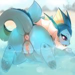  2015 anus blush butt eeveelution female feral looking_at_viewer lovespell mammal nintendo open_mouth paws pok&eacute;mon purple_eyes pussy smile solo vaporeon video_games water 