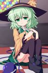  bad_id bad_twitter_id bow green_eyes green_hair hat hat_ribbon heart isa knife komeiji_koishi panties pantyshot pantyshot_(sitting) ribbon short_hair sitting skirt solo third_eye touhou underwear 