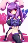  animal_ears bangs blush breast_suppress breasts bunny_ears chuchu_(show_by_rock!!) cleavage commentary_request crossed_legs dress huge_breasts kneehighs purple_hair red_eyes ringlets show_by_rock!! sitting smile solo tokyo_(great_akuta) v_arms 