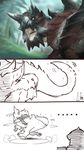  blue_eyes brute_wyvern capcom comic dinosaur horn human looking_back mammal melee_weapon monster_hunter open_mouth polearm reptile scalie spear spikes teeth tongue video_games weapon 