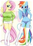  2015 absurd_res anthro anthrofied big_breasts blue_skin blush breasts clothing cutie_mark equine feathers female fluttershy_(mlp) friendship_is_magic green_eyes hair hi_res horse legwear long_hair looking_at_viewer looking_away mammal multicolored_hair my_little_pony navel panties pegasus pink_eyes pink_hair pony rainbow_dash_(mlp) rainbow_hair shirt shorts smile standing stockings sweater underwear wings ya-ya-tan yellow_skin 