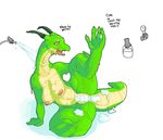  actionbastardvirginblstr anthro areola breasts bubble claws convenient_censorship dialogue digitigrade disembodied_hand dragon dripping english_text female green_scales horn hose lying navel nipples nude on_side open_mouth red_eyes scales scalie simple_background soap solo spread_legs spreading suds text tongue tongue_out washing water wet white_background 