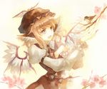 acrylic_paint_(medium) bad_id bad_pixiv_id bird bird_wings brooch brown_dress cherry_blossoms dress eurasian_tree_sparrow fingernails gradient gradient_background hand_on_own_chest hand_up hat jewelry juliet_sleeves keiko_(mitakarawa) light_brown_hair long_sleeves looking_away mixed_media mystia_lorelei nail_polish open_hand open_mouth puffy_sleeves purple_nails red_eyes sharp_fingernails short_hair solo sparrow touhou traditional_media tree_branch upper_body wings 