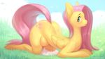  2015 all_fours big_butt blue_eyes blush butt cloud cutie_mark cyancapsule equine female feral fluttershy_(mlp) friendship_is_magic fur grass hair hooves huge_teats lactating looking_at_viewer mammal mane my_little_pony pegasus pink_hair sky solo teats wings yellow_fur 