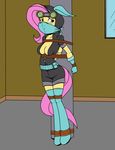  2015 anthro anthrofied bdsm blue_eyes bondage bound breasts cleavage clothed clothing costume equine eyewear fake_ears female fluttershy_(mlp) friendship_is_magic gag gloves goggles hi_res leochingu mammal my_little_pony pegasus rope rope_bondage ryuseihikari solo wings 