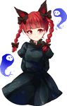  animal_ears arms_behind_back bow braid cat_ears dress extra_ears flaming_skull floating_skull green_dress hair_bow highres juliet_sleeves kaenbyou_rin long_hair long_sleeves puffy_sleeves red_eyes red_hair smile solo touhou twin_braids uranaishi_(miraura) 