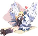  absol ace_trainer_(pokemon) ascot ayaka_(pokemon) blonde_hair earrings full_body gen_3_pokemon hair_ornament hairclip heart highres jewelry kneehighs long_hair mega_absol mega_pokemon mega_stone miniskirt pokemon pokemon_(anime) pokemon_(creature) pokemon_(game) pokemon_xy shoes sitting skirt skirt_set smile tm_(hanamakisan) 