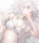  blush bow bra braid breasts cleavage geppewi hair_bow izayoi_sakuya looking_at_viewer lying maid_headdress medium_breasts navel on_back open_clothes open_shirt red_eyes shirt short_hair silver_hair solo touhou twin_braids underwear upper_body white_bra 