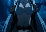  akame_ga_kill! animated animated_gif blue_eyes blue_hair breasts cleavage esdeath large_breasts leaning_forward long_hair military_uniform tattoo 