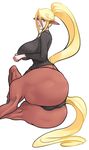  animal_ears ass black_panties blonde_hair blue_eyes blush breasts centaur centorea_shianus from_behind horse_ears horse_tail huge_breasts impossible_clothes impossible_sweater long_hair looking_back lying monster_girl monster_musume_no_iru_nichijou on_side panties pointy_ears ponytail ribbed_sweater sagging_breasts scathegrapes solo sweater tail underwear 