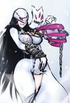  alternate_color asymmetrical_clothes black_hair breasts cape chain claws demon_girl digimon digimon_adventure ghost helmet impossible_clothes ladydevimon large_breasts long_hair pale_skin pink_eyes scathegrapes single_pantsleg solo thick_thighs thighs 