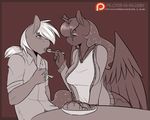  2015 anthro anthrofied avante92 big_macintosh_(mlp) clothing couple dessert duo eating equine female food friendship_is_magic horn horse ice_cream male mammal monochrome my_little_pony neckalce pony ponytail princess_luna_(mlp) sepia sparkles spoon table winged_unicorn wings 