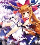  bow brown_eyes brown_hair chain cherry_blossoms gourd grin hair_bow holding horn_ribbon horns ibuki_suika natsuki_yuu_(amemizu) petals ribbon smile solo teeth torn_clothes torn_sleeves touhou 