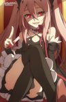  bare_shoulders black_footwear black_legwear boots detached_sleeves dress fang fcc flat_chest highres krul_tepes long_hair official_style owari_no_seraph pink_hair pointy_ears red_eyes smile solo thigh_boots thighhighs vampire vial 