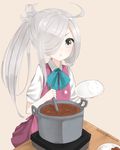 1girl :&lt; asashimo_(kantai_collection) cooking curry food hair_over_one_eye highres kantai_collection long_hair rice school_uniform simple_background solo yukichi_(sukiyaki39) 