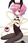  animal_ears bunny_ears bunnysuit detached_collar embarrassed fake_animal_ears isa komeiji_satori pantyhose pink_hair purple_eyes short_hair solo third_eye touhou wrist_cuffs 