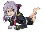  barefoot brown_eyes chin_rest feet full_body gloves half_updo highres hiiragi_shinoa kneepits long_hair lying military military_uniform okuba on_stomach owari_no_seraph purple_hair ribbon simple_background skirt smile solo the_pose uniform white_background 