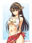  abo_(hechouchou) adapted_costume black_hair breasts commentary_request hair_ornament hairband hairclip haruna_(kantai_collection) kantai_collection long_hair medium_breasts remodel_(kantai_collection) sarong slingshot_swimsuit solo swimsuit 