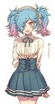 alternate_costume blue_hair blush contemporary fire_emblem fire_emblem_if hair_over_one_eye kikugetsu meme_attire multicolored_hair open_mouth pieri_(fire_emblem_if) pink_eyes pink_hair simple_background solo twintails two-tone_hair virgin_killer_outfit 