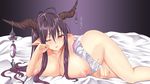  antenna_hair bandages blush breasts danua draph granblue_fantasy highres horns huge_breasts long_hair nipples nude one_eye_closed pointy_ears puchipiiman purple_hair red_eyes solo translation_request 