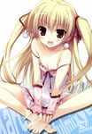  :d absurdres barefoot blonde_hair breasts brown_eyes chemise cleavage collarbone downblouse fingerless_gloves gloves hair_ribbon highres karory lingerie long_hair open_mouth papa_no_iu_koto_wo_kikinasai! ribbon sitting sleepwear small_breasts smile solo strap_slip takanashi_miu two_side_up underwear 