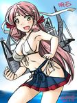  akashi_(kantai_collection) bandana bikini green_eyes hair_ribbon hip_vent kantai_collection long_hair looking_at_viewer open_mouth pink_hair ribbon skirt smile solo swimsuit tatsumi_ray tress_ribbon 