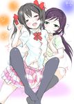  black_hair black_legwear blush bow gradient gradient_background green_eyes hair_bow love_live!_school_idol_project low_twintails multiple_girls nairon nylon peeing purple_hair red_eyes school_uniform scrunchie shirt short_hair sitting skirt thighhighs tickling toujou_nozomi twintails yazawa_nico 