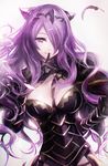  armor black_armor breasts camilla_(fire_emblem_if) feathers finger_to_mouth fire_emblem fire_emblem_if hair_over_one_eye highres long_hair looking_at_viewer medium_breasts moemoe3345 purple_eyes purple_hair solo tiara very_long_hair 