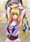  arm_guards armor armored_dress arms_up bangs belt blonde_hair blue_eyes blurry breasts cleavage collarbone commentary_request cross-laced_clothes depth_of_field eyebrows_visible_through_hair hair_ornament highres holding holding_sword holding_weapon koji_(kojikojimdw) large_breasts long_hair looking_at_viewer low-tied_long_hair outdoors shield shoulder_armor shoulder_pads solo sophitia_alexandra soulcalibur standing sword weapon 