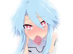  ahoge blue_hair blush close-up condom condom_in_mouth condom_wrapper koori_(12230906) looking_at_viewer mouth_hold neptune_(series) power_symbol red_eyes short_hair_with_long_locks sidelocks solo symbol-shaped_pupils white_heart 