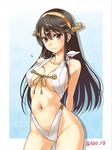  abo_(hechouchou) adapted_costume black_hair breasts commentary_request hair_ornament hairband hairclip haruna_(kantai_collection) kantai_collection long_hair medium_breasts remodel_(kantai_collection) slingshot_swimsuit solo swimsuit 