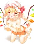  blonde_hair blush covering covering_breasts flandre_scarlet hat highres kneeling long_hair red_eyes side_ponytail slit_pupils solo topless touhou vermentino wings 