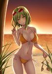  :o ass_visible_through_thighs bare_shoulders beach bikini bit_(keikou_syrup) blush breasts collarbone front-tie_top glasses green_eyes green_hair gumi holding holding_shoes medium_breasts navel ocean red_sky shoes short_hair side-tie_bottom sky solo sunset swimsuit vocaloid 