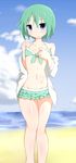  beach bikini blue_eyes blush day frilled_bikini frills green_bikini green_hair highres iwasaki_minami looking_at_viewer lucky_star ocean short_hair smile solo standing swimsuit watage_(lucky_yyg) 