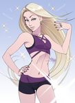  bike_shorts blonde_hair blue_eyes breasts earrings eyeshadow hair_flip hand_on_hip highres hoop_earrings jewelry lips long_hair makeup midriff mike_nesbitt mole mole_under_mouth nail_polish naruto naruto_(series) navel necklace nose older purple_nails ring small_breasts solo sparkle sports_bra stud_earrings very_long_hair yamanaka_ino 