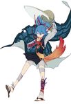  blue_eyes blue_hair food fruit hat japanese_clothes male_focus nineo persimmon ponytail sayo_samonji shorts solo touken_ranbu 