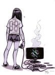  88_(mike_nesbitt) androgynous broken commentary controller converse dualshock from_behind full_body game_console game_controller gamepad long_hair mike_nesbitt original playstation shirt shoes shorts sneakers solo standing t-shirt television 