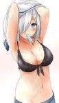  absurdres armpits arms_up black_bra blue_eyes bra breasts cleavage food front-tie_top hair_ornament hair_over_one_eye hairclip hamakaze_(kantai_collection) highres kantai_collection large_breasts looking_at_viewer navel popsicle saku_(kudrove) short_hair silver_hair skirt solo underwear white_background 