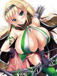  arrow bare_tree black_gloves blonde_hair blush bow_(weapon) breasts cleavage covered_nipples earrings elf gloves green_eyes green_legwear hairband hand_on_hip huge_breasts inma_kourin_devil_carnival jewelry long_hair looking_at_viewer mikan_(5555) open_mouth pointy_ears thighhighs tree weapon 