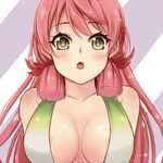  akashi_(kantai_collection) breasts cleavage commentary_request green_eyes hair_ribbon kantai_collection large_breasts long_hair looking_at_viewer open_mouth pink_hair qunqing ribbon solo swimsuit tress_ribbon 