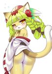  anthro blush butt cat clothing feline female fullbokko_heroes fur green_hair hair hair_ornament japanese_clothing kemono long_hair looking_at_viewer mammal miko open_mouth red_eyes solo wolflong 