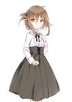  alternate_costume brown_eyes brown_hair closed_mouth commentary dress folded_ponytail inazuma_(kantai_collection) kantai_collection long_hair long_sleeves meme_attire ponytail simple_background smile solo virgin_killer_outfit wataame27 white_background 