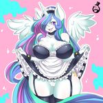  2015 anthro anthrofied clavage clothing cutie_mark equine female flashing friendship_is_magic hair hair_over_eye horn legwear long_hair looking_at_viewer maid_uniform mammal multicolored_hair my_little_pony open_mouth princess_celestia_(mlp) pussy skyraptor solo stockings winged_unicorn wings 