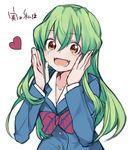  :d bad_id bad_pixiv_id bow copyright_name fangs green_hair heart jitsu_wa_watashi_wa long_hair noa_zatsuri open_mouth school_uniform shiragami_youko simple_background smile solo striped striped_bow translated upper_body vampire white_background yellow_eyes 